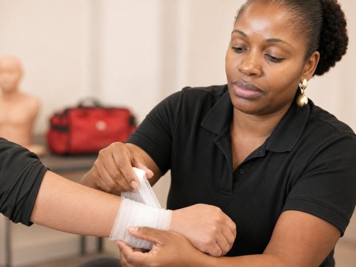 First Aid certification class bandaging practice