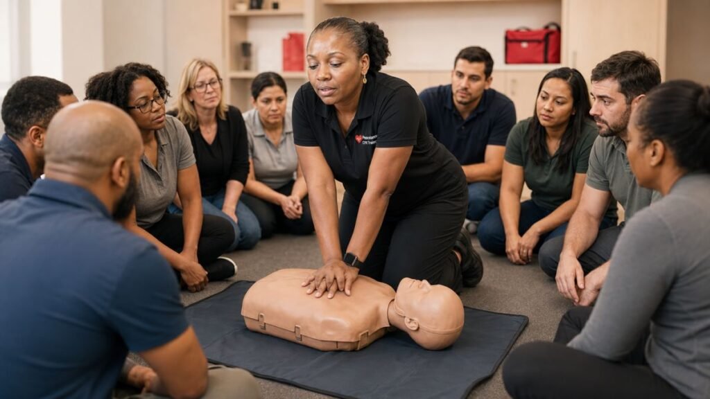 Onsite group CPR training session at a workplace