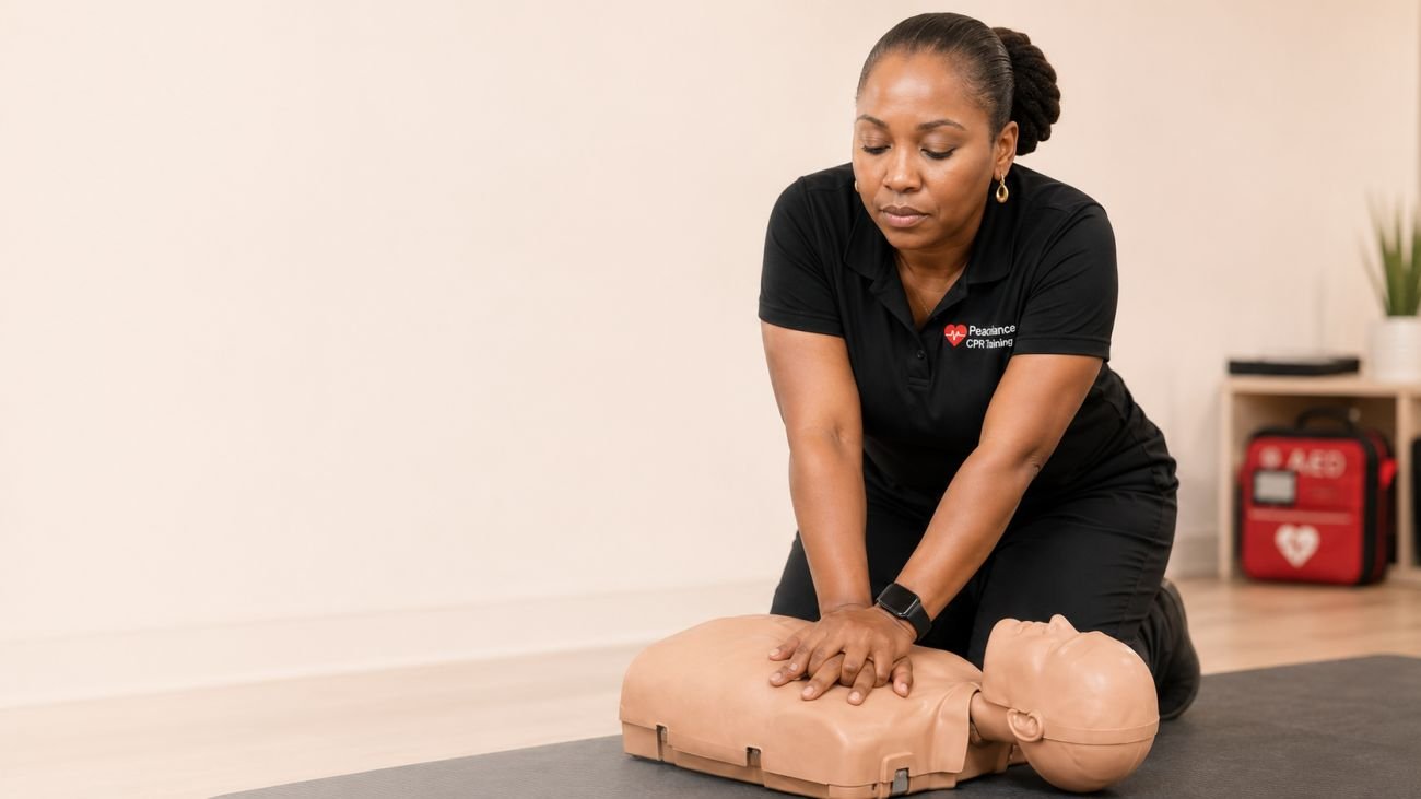 CPR instructor performing hands-on chest compression training on a manikin