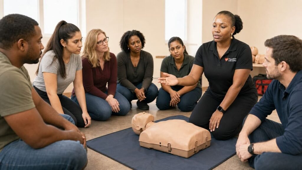 Small group CPR class with instructor demonstrating technique
