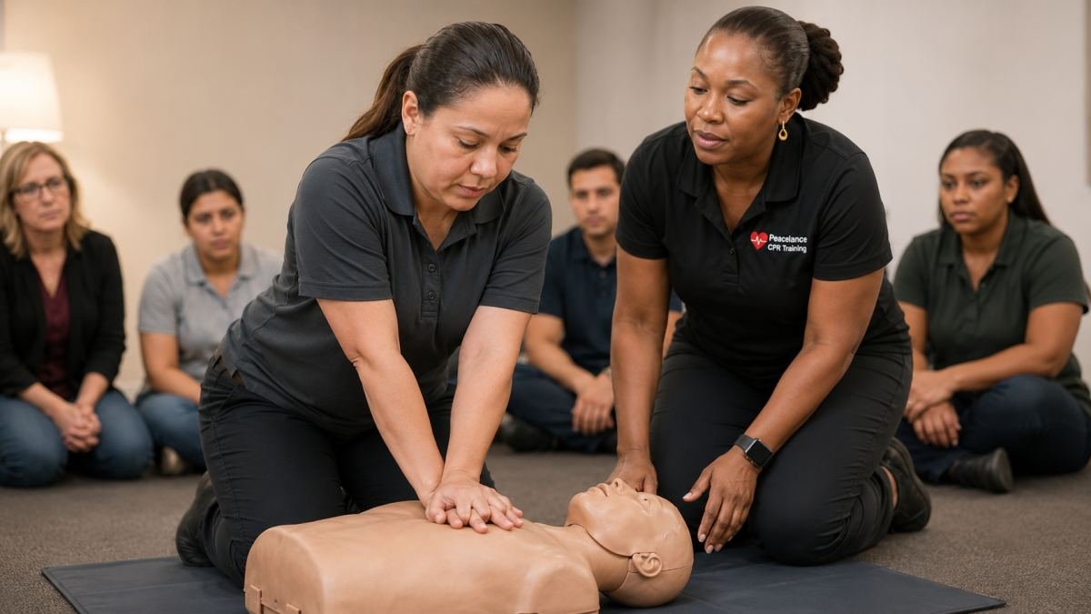Students practicing CPR compressions on training manikins
